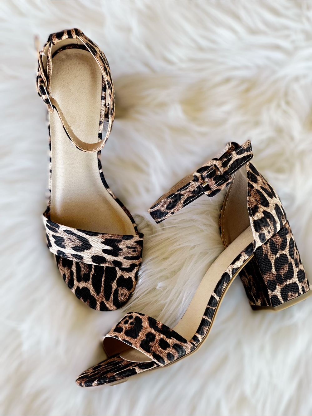 Leopard Print Block Heel Sandals - Women's Ankle Strap